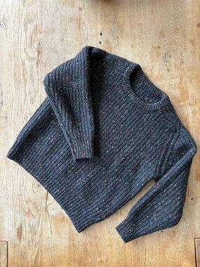 Vintage 70s Black Flecked Wool Rib-Knit Crewneck Sweater